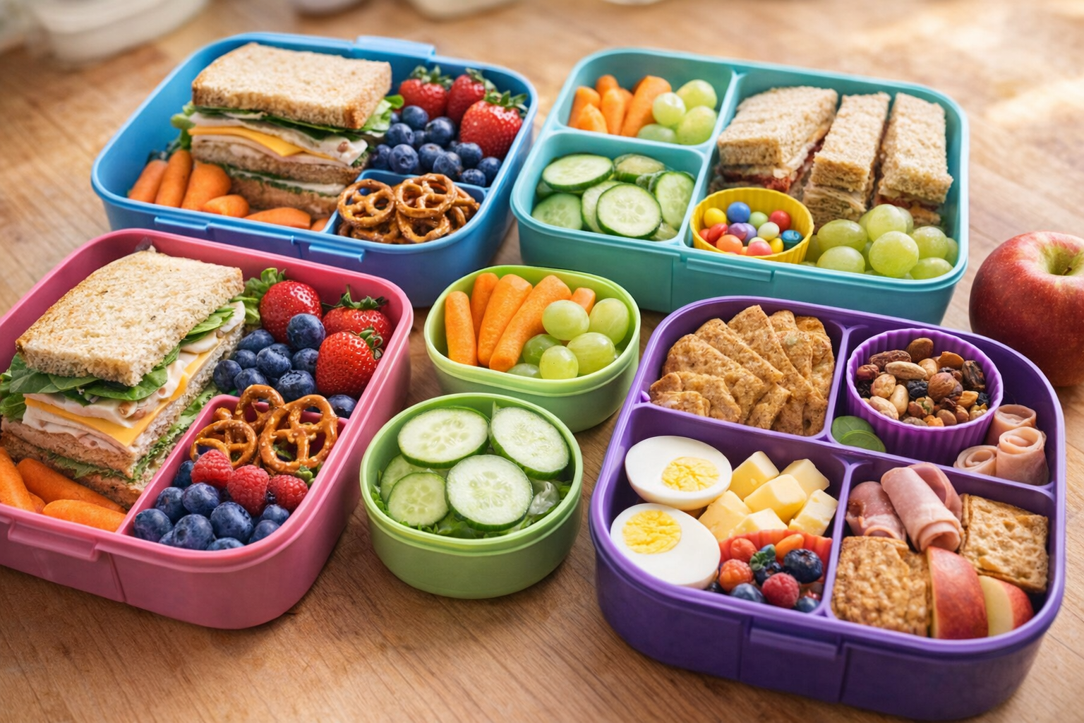 A vibrant, overhead shot of a variety of packed school lunches in colorful bento boxes and containers, featuring sandwiches, fruits, vegetables, and healthy snacks. Natural, bright lighting